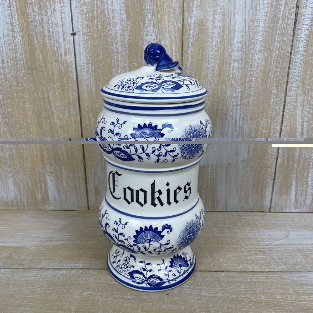 Blue Onion Vintage Ceramic Cookie Jar Floral Design